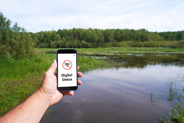 Hand is holding smartphone with digital detox on the screen near lake in nature. travel and tourism without cellular connection in the summer.